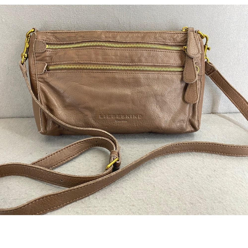 Liebeskind Berlin Taupe Brown Leather Multi-Zip Crossbody Bag Brass Hardware